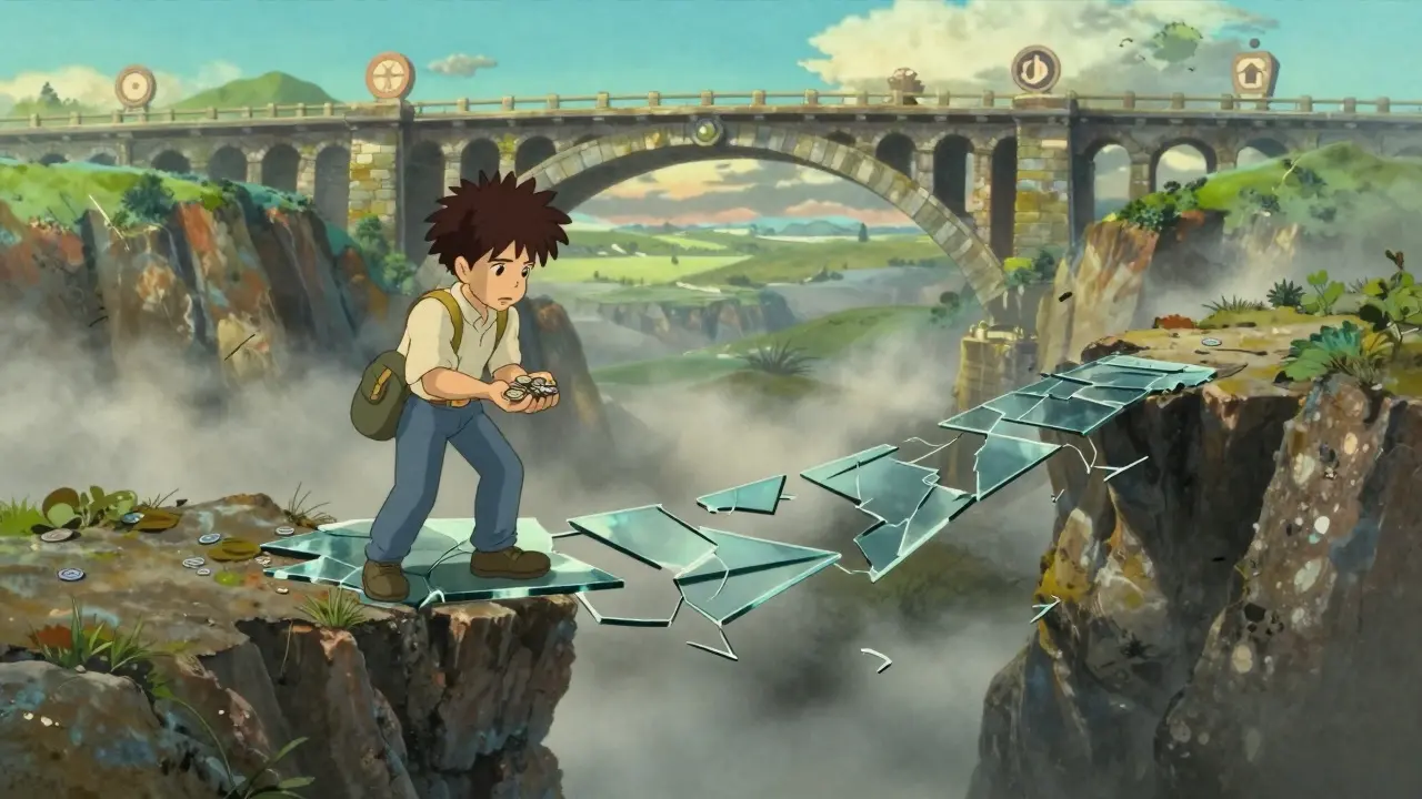 A traveler risks falling through a crumbling bridge while holding worthless coins.