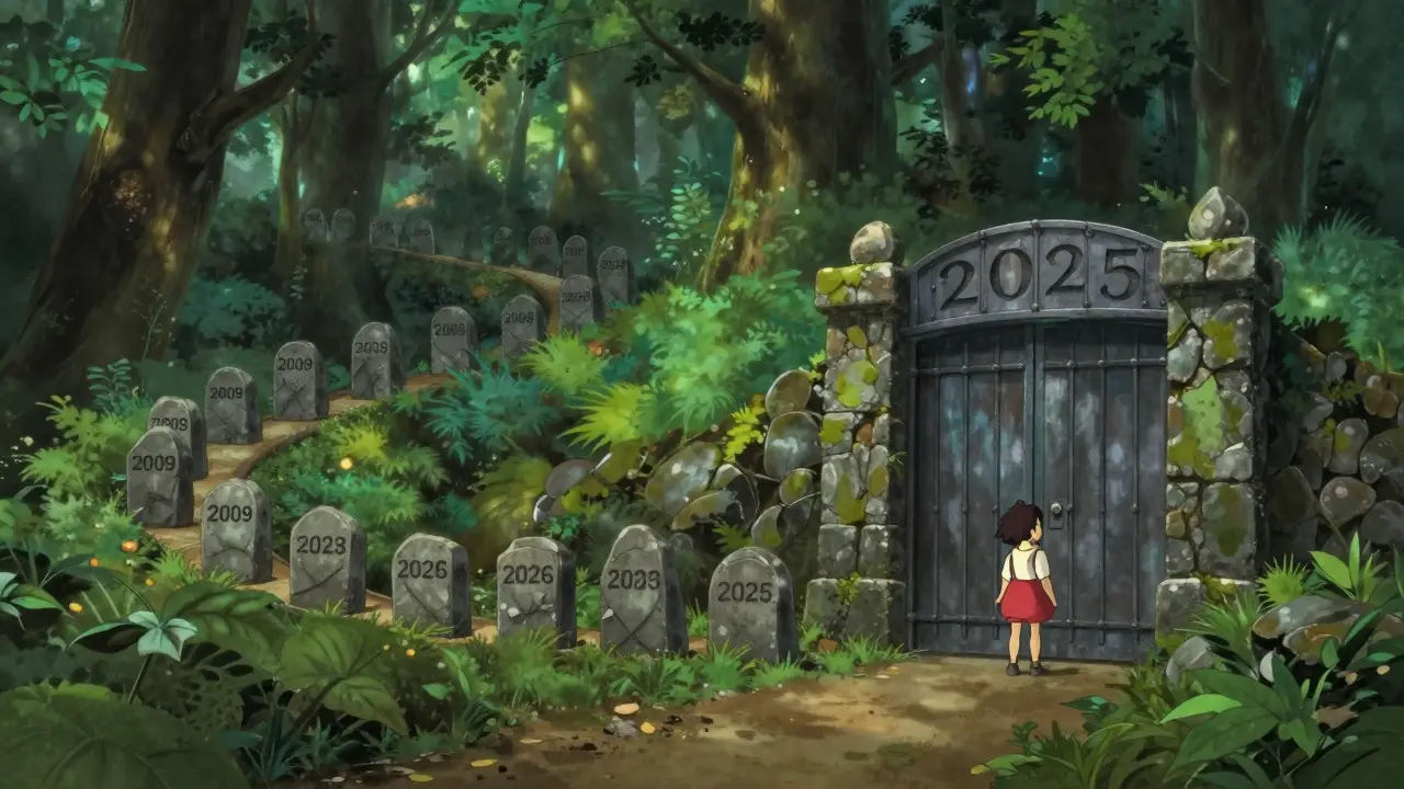 A winding forest path ending at a sealed iron gate representing China's crypto ban.
