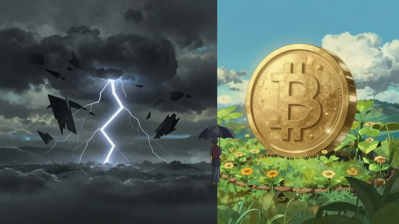 Anime art: Contrast between chaotic banned crypto clouds and orderly state-controlled digital currency garden.