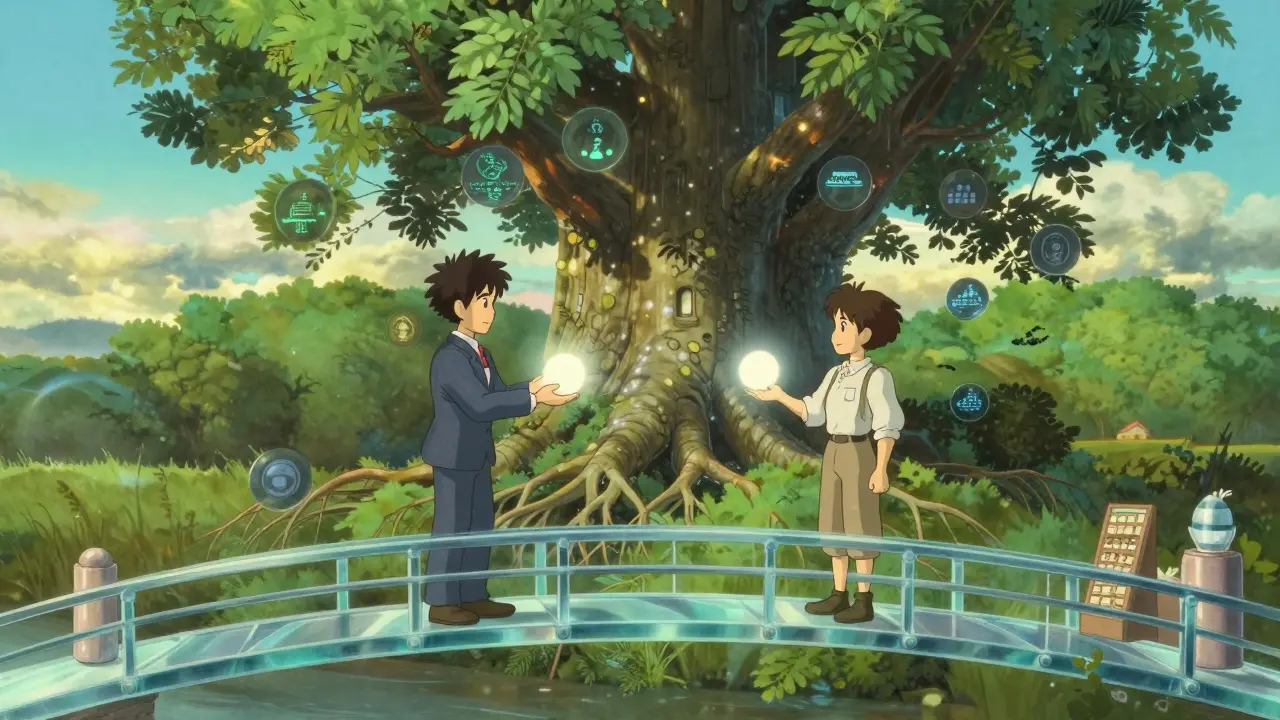 Anime characters exchanging light orbs over a digital nature bridge