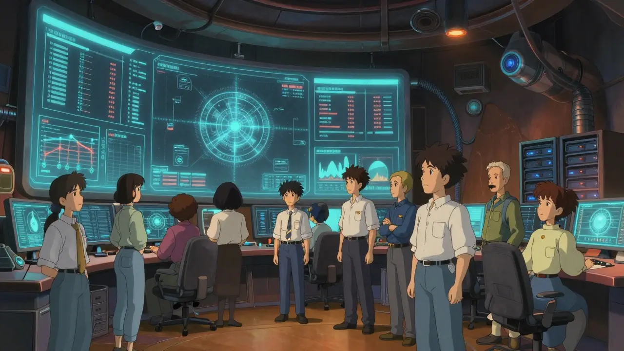 Anime-style engineers monitoring secure mining operations in a high-tech room
