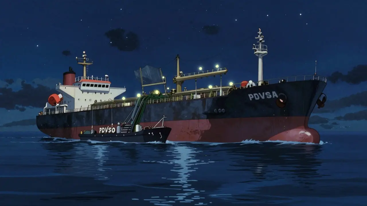 Anime-style night scene of two oil tankers meeting secretly at sea for a covert transfer.
