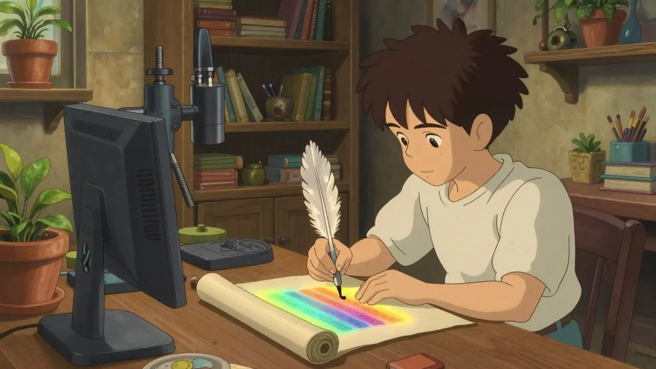 Artist using a magical quill to mint art in a cozy Ghibli workshop.