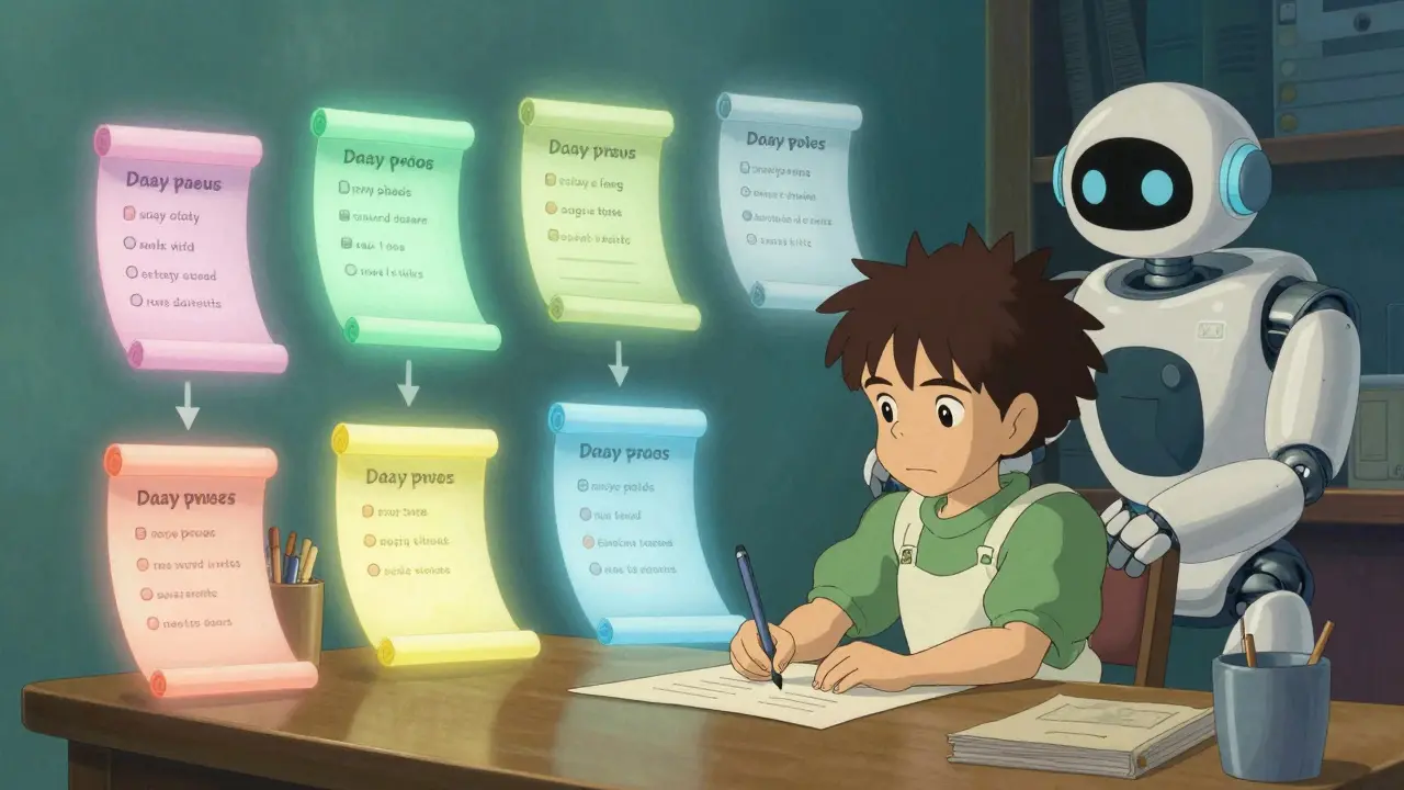 Character completing magical quiz scrolls for crypto airdrop rewards.