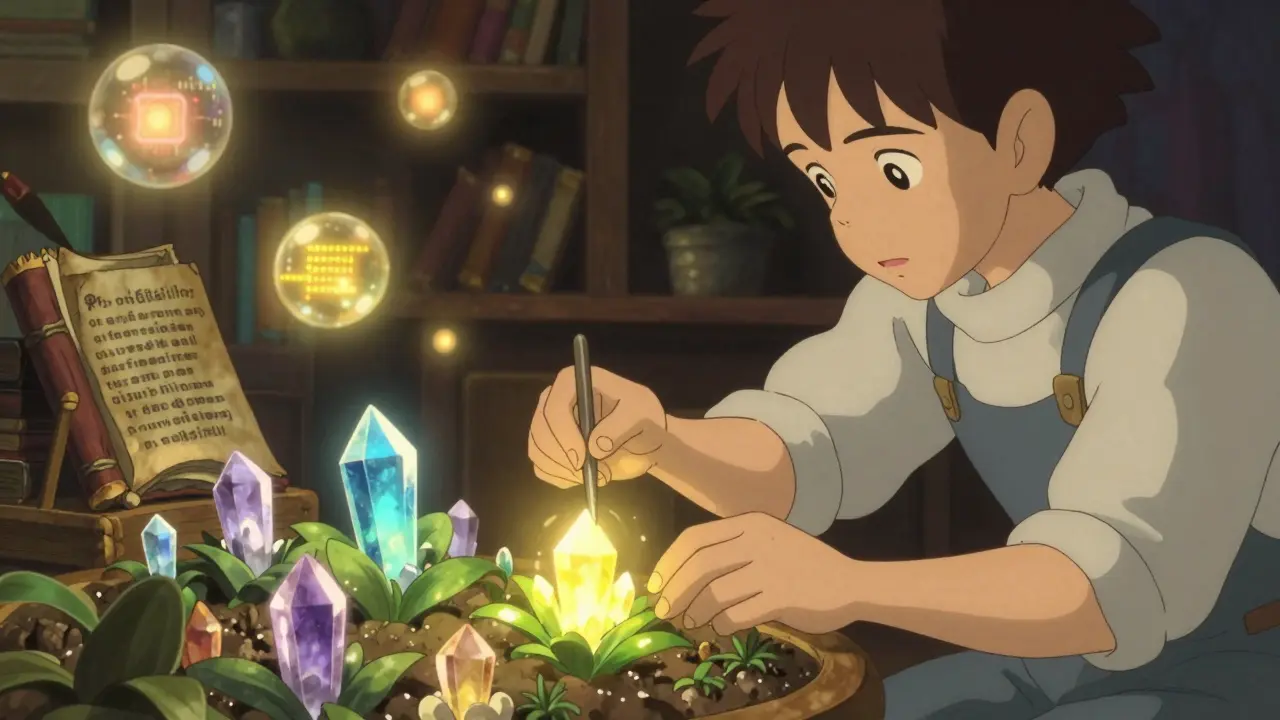 Character nurturing glowing digital crystals in a magical workshop