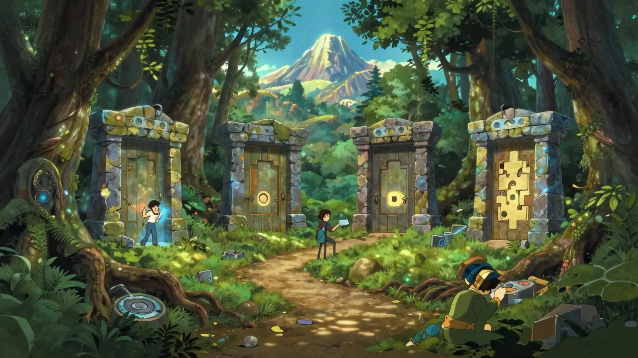 Characters solve nature-based puzzles near locked gates on a path through an enchanted forest.