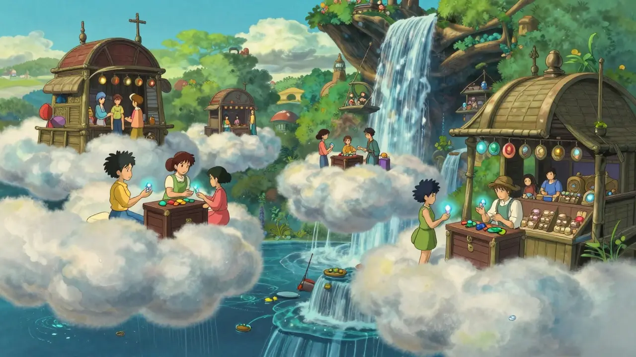 Cloud marketplace where characters trade luminous gems in Ghibli style.