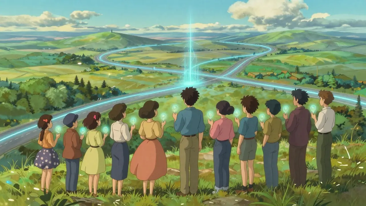 Community holding glowing tokens overlooking a digital-physical landscape