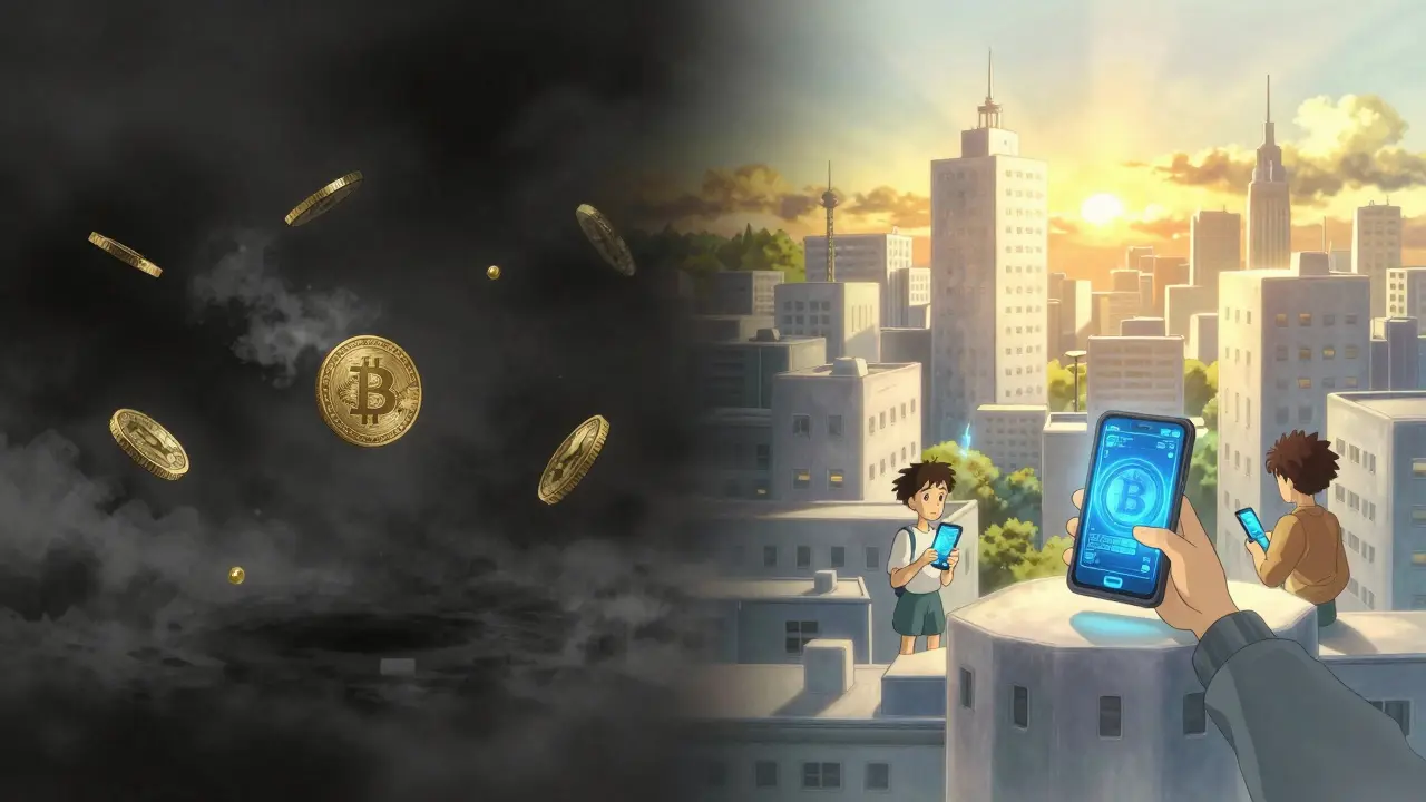 Contrast between dark void of banned crypto and bright city of Digital Yuan usage.