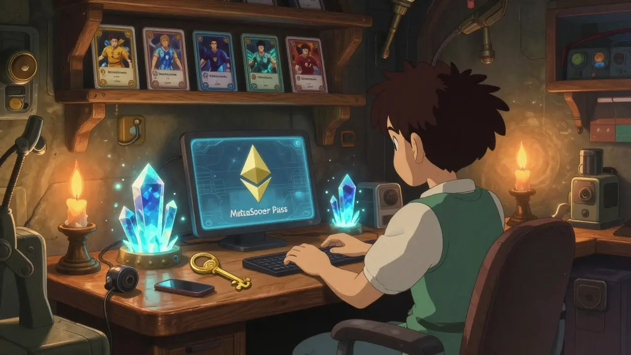 Cozy room with glowing crypto tokens and golden pass key on desk