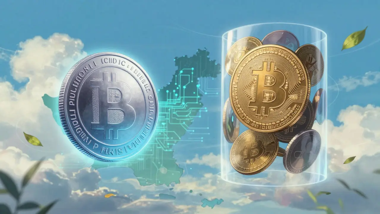 Digital rupee and private crypto coins floating in a regulated sky.
