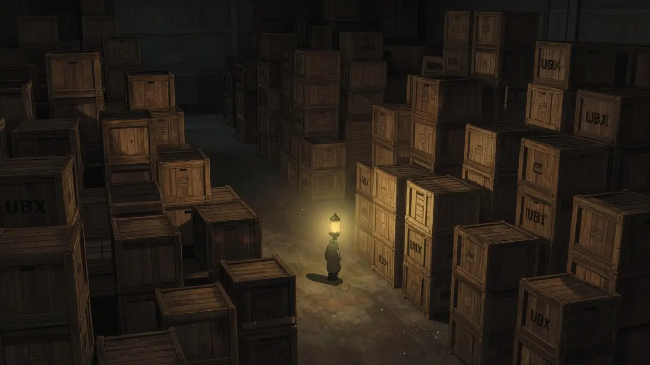Dimly lit warehouse with endless crates symbolizing massive unissued token supply.