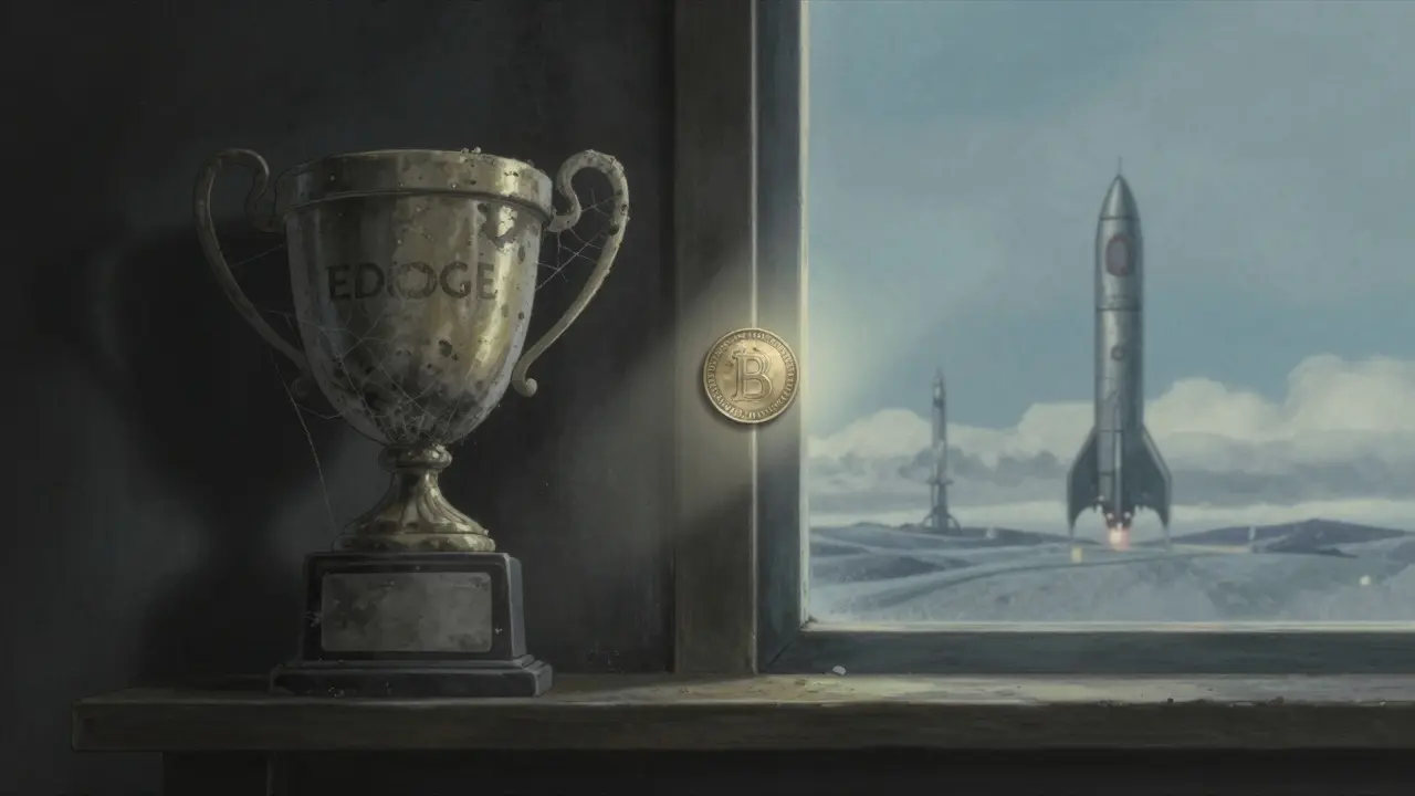 Faded EDOGE trophy in dusty room, showing lost value over time.