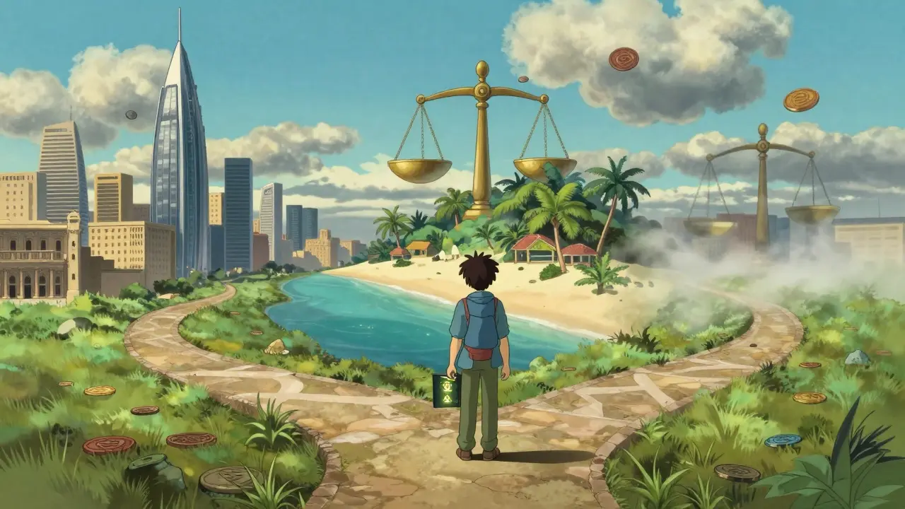 Fantasy anime scene of a traveler choosing between Malta, Caribbean, or risky paths.