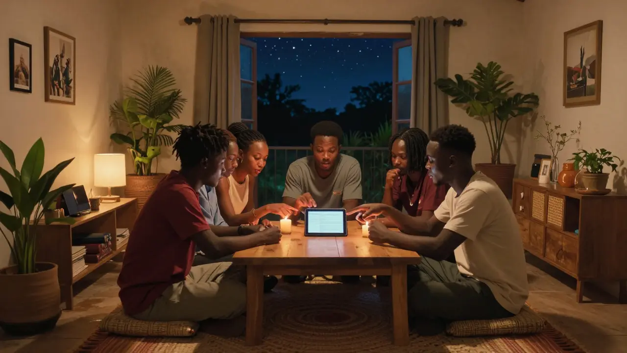 Friends discussing crypto on tablet in cozy home, Studio Ghibli style