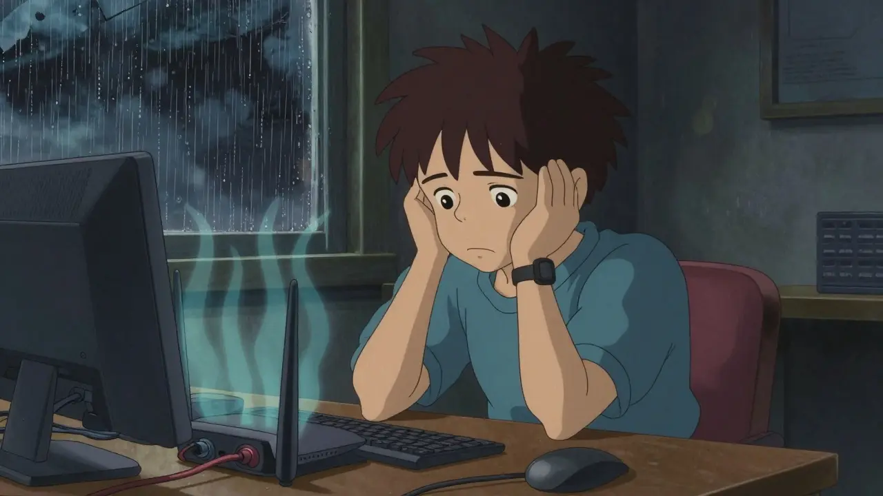 Frustrated user with overheating router, rainy day, Ghibli style