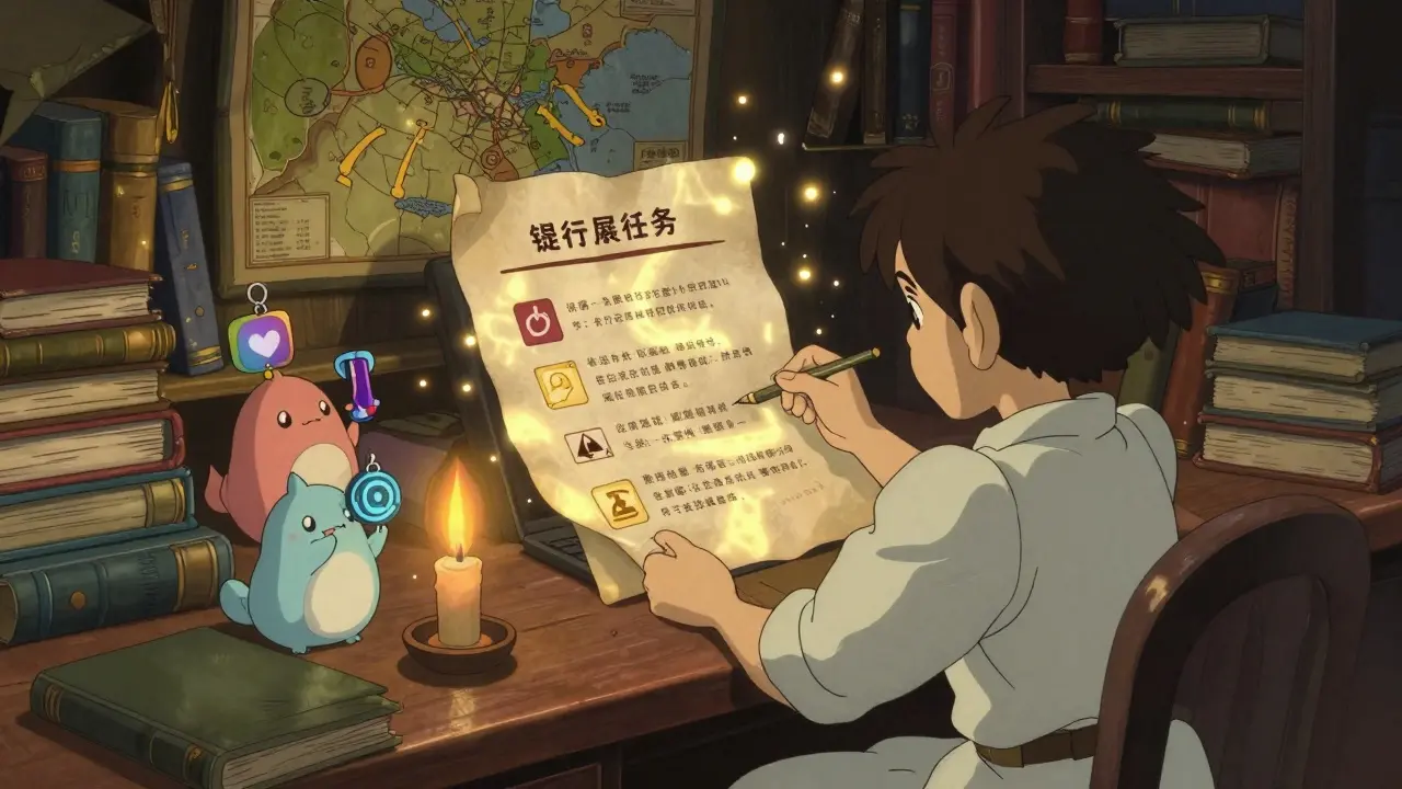 Ghibli style character studying referral tasks and NFTs in a cozy room.