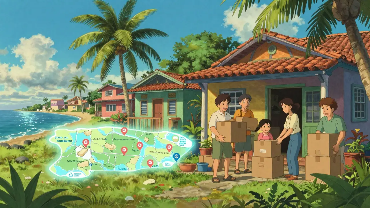 Ghibli-style family moving into a colorful house in a sunny Puerto Rican coastal town.