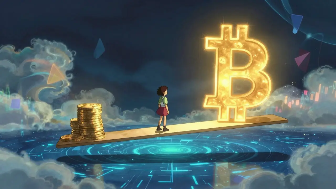 Ghibli style figure balancing on a beam with amplified Bitcoin symbol