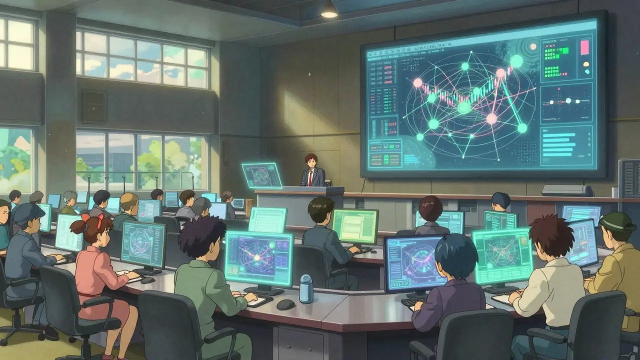 Ghibli style: Government officials monitoring digital financial networks in a serene, high-tech office.