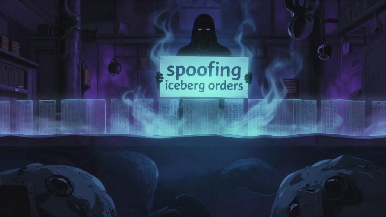 Ghibli style shadowy figure hiding fake orders behind a fading magical barrier