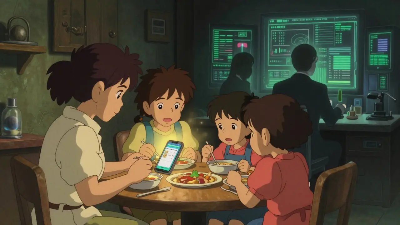 Ghibli-style split scene showing a family using crypto for survival versus shadowy illicit traders.