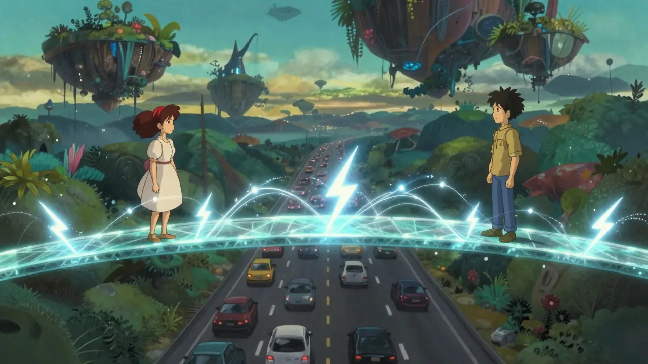 Glowing bridge connecting two people above a busy road, symbolizing fast payments