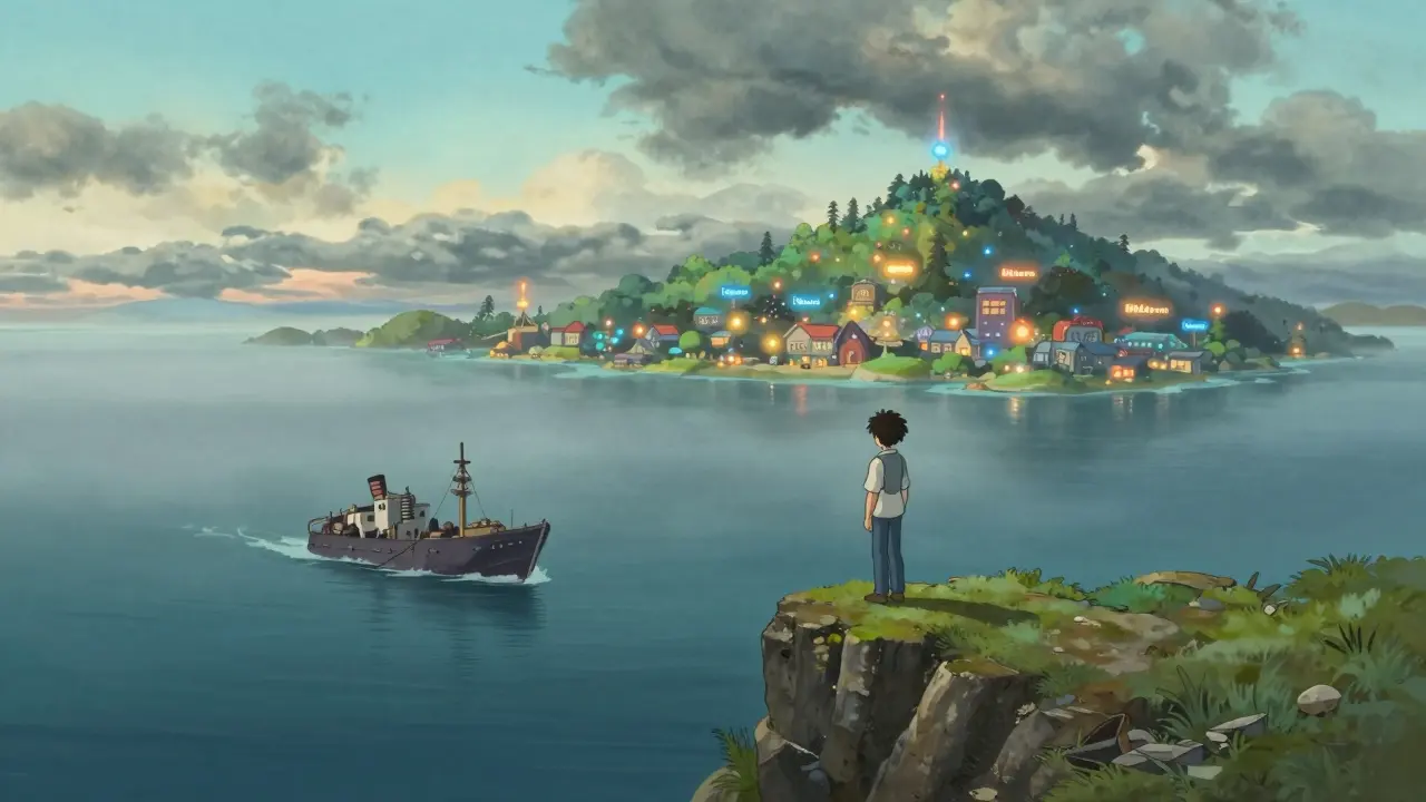 Lone figure watching sinking ship vs thriving islands, Ghibli style