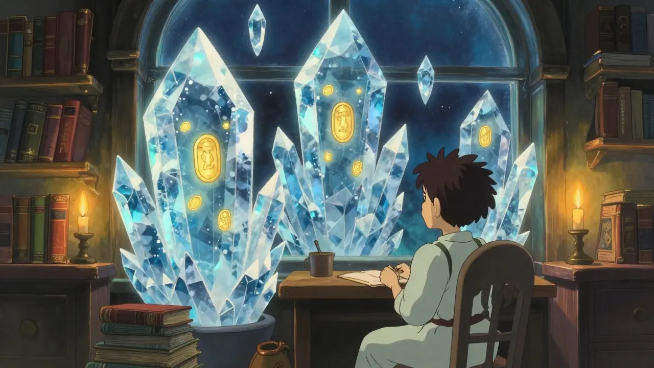 Magical ice crystals containing golden tokens float gently in a cozy, warmly lit room.