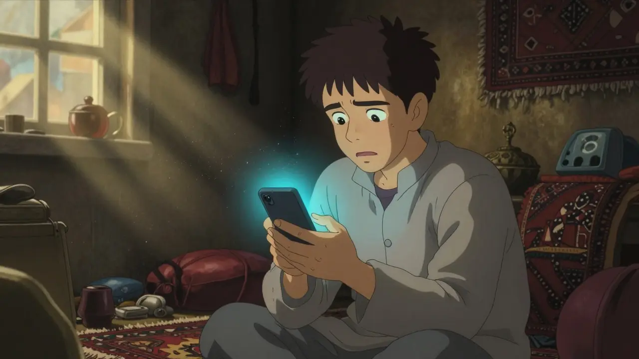 Man anxiously checking phone for crypto funds in a dim Afghan home