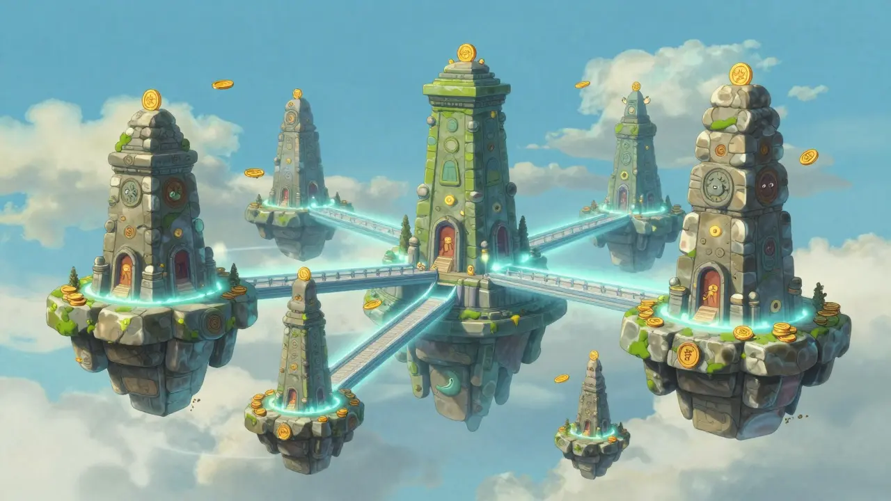 Mystical floating temples connected by light bridges representing DeFi protocols.