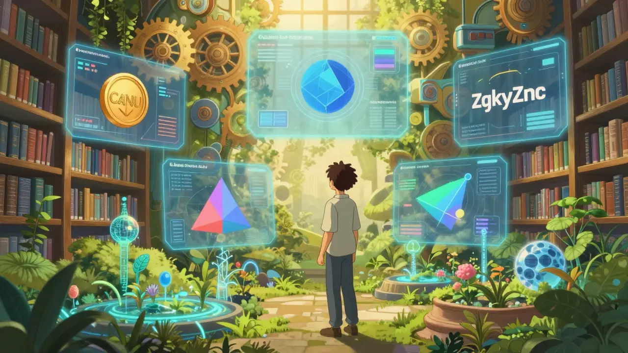 Person exploring diverse, safe blockchain opportunities in a digital library