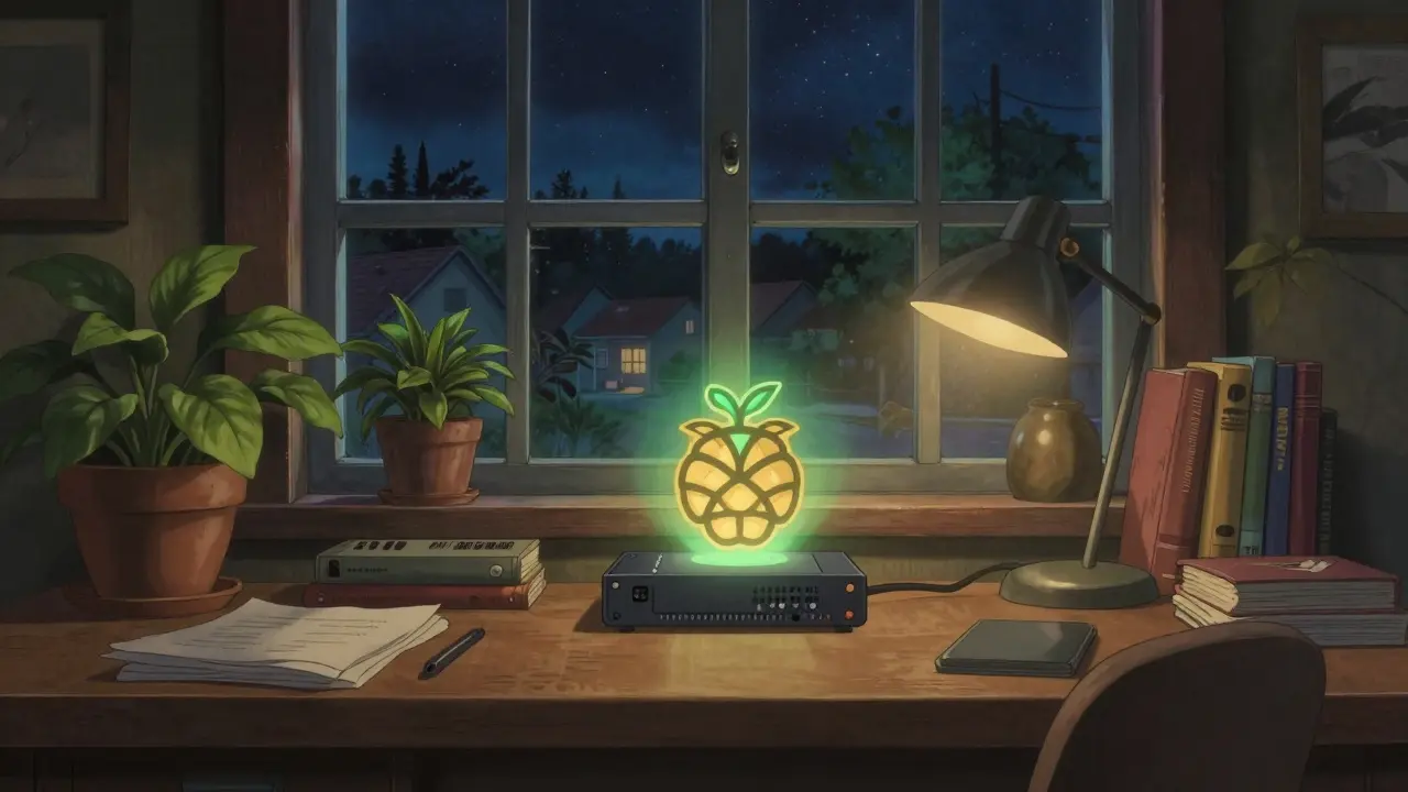 Raspberry Pi node on a desk with warm lighting and plants in a cozy room