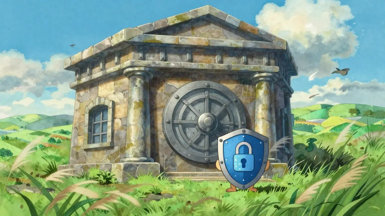 Secure stone building with shield symbolizing safety