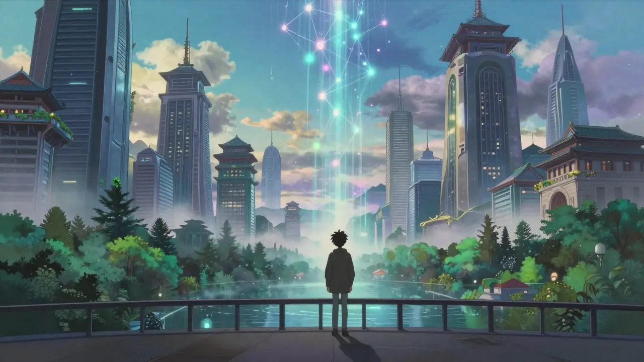 Silhouette overlooking city with glowing digital streams, Studio Ghibli