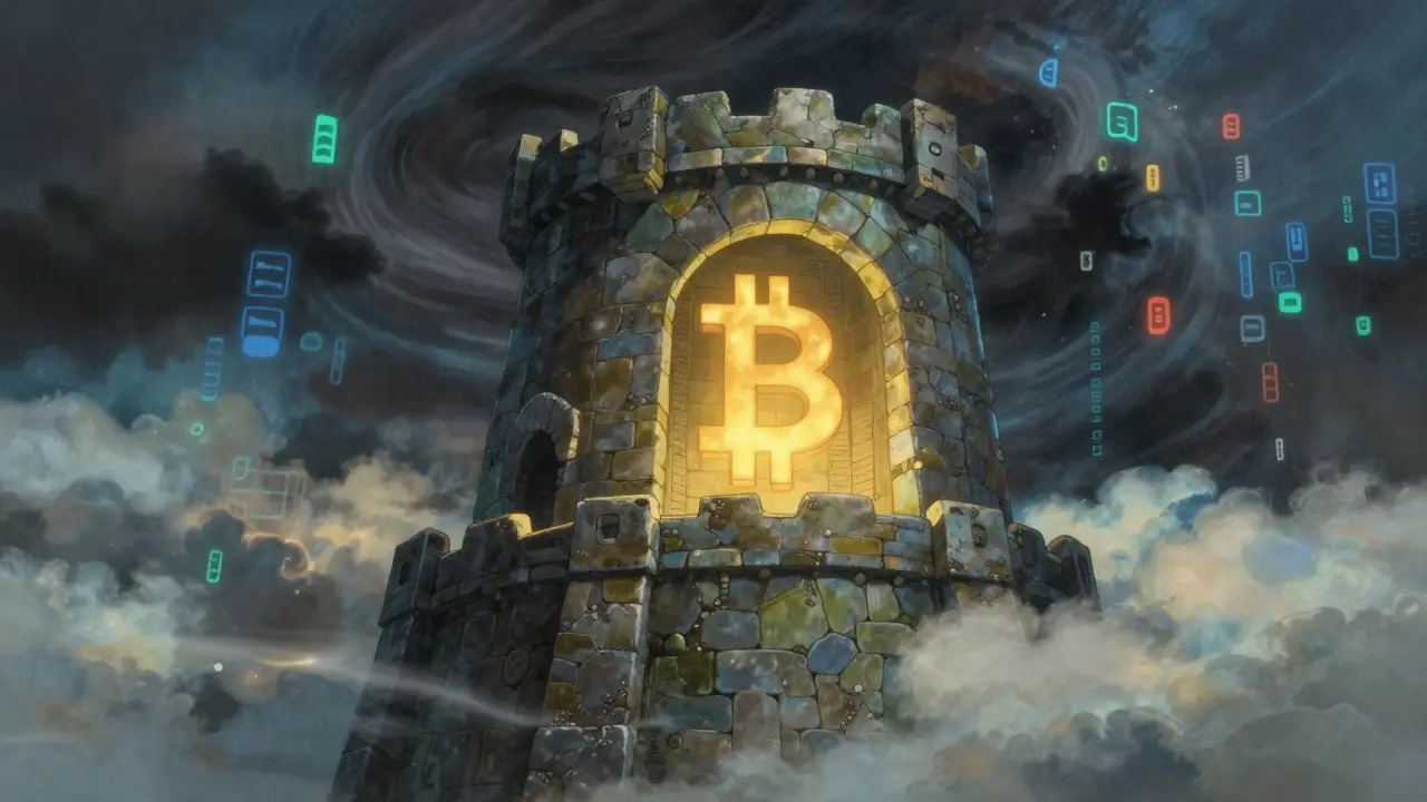 Studio Ghibli illustration of a fortress protecting digital assets from chaos