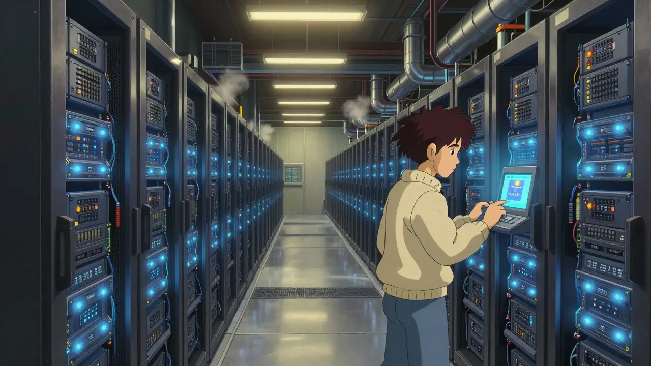 Technician walking through rows of glowing crypto mining servers