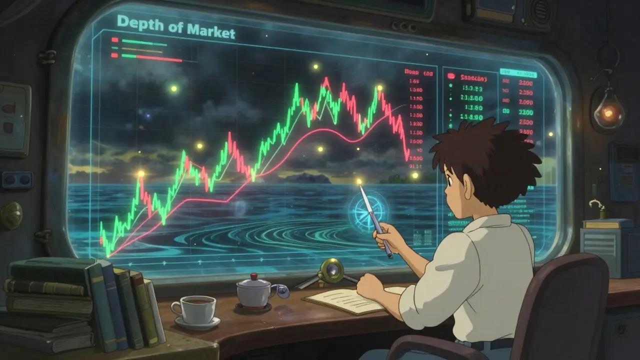 Trader analyzing glowing holographic market depth data in a cozy studio