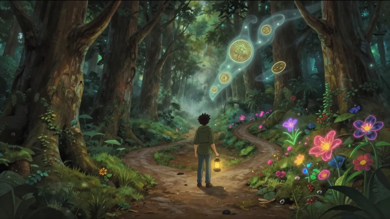 Traveler at a crossroads in a magical forest