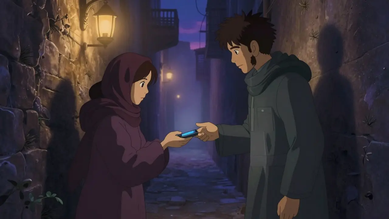 Two people secretly meeting in an alley for underground crypto trade