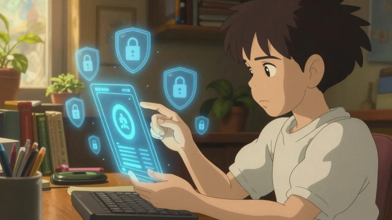 User checking digital wallet security with magical shields in Studio Ghibli art style