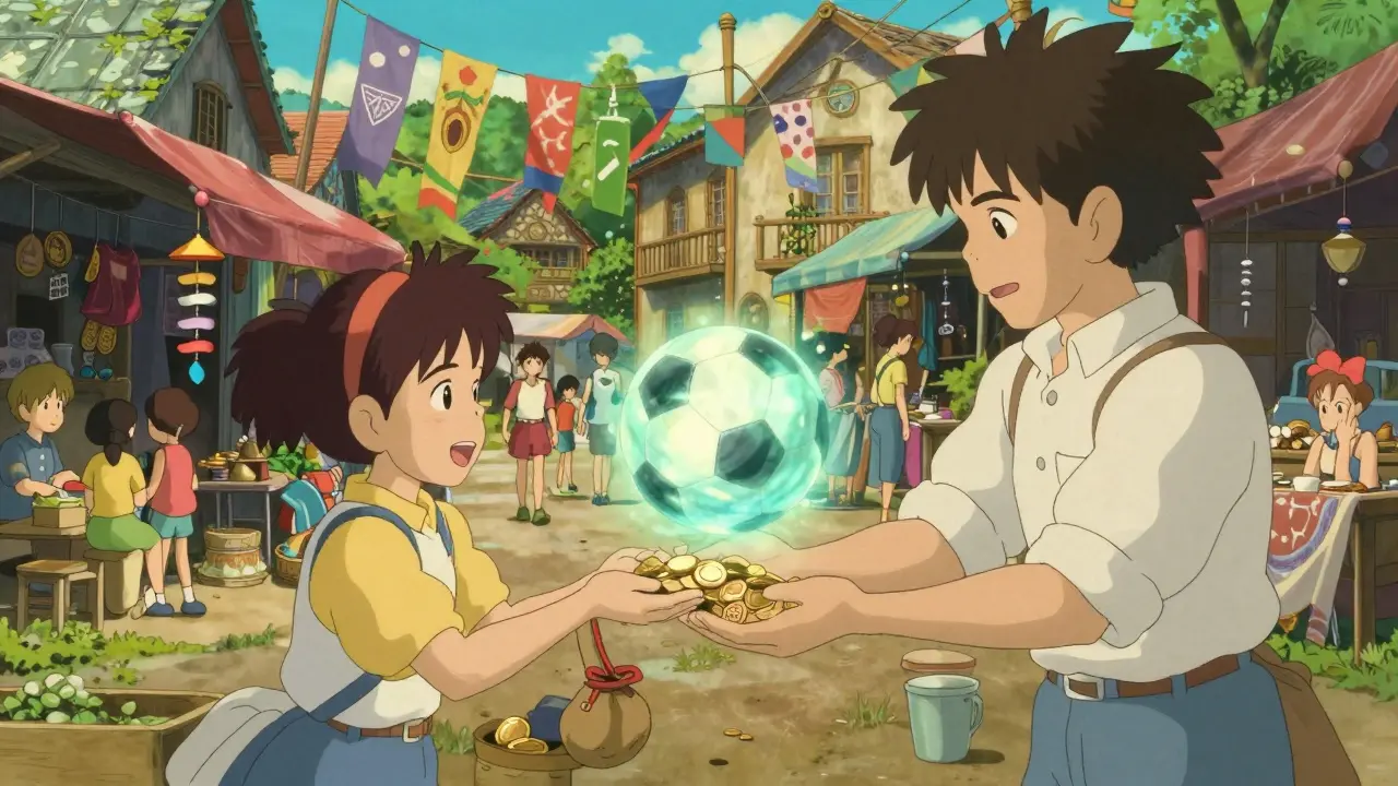 Village market scene with characters trading magical soccer spirits
