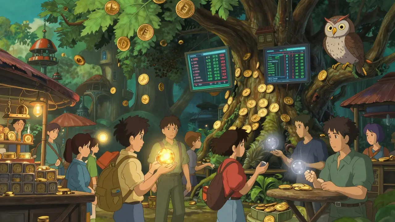 Whimsical anime marketplace trading volatile crypto tokens under a giant tree.