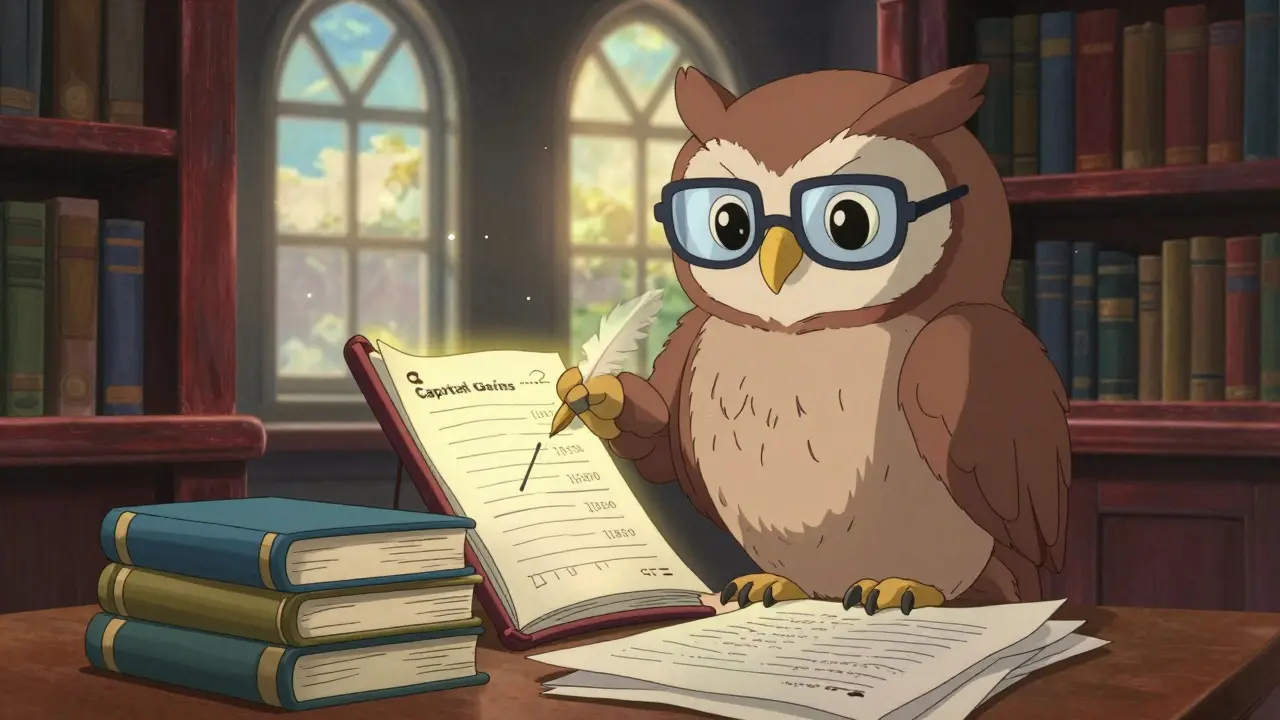 Wise owl reviewing a glowing tax ledger in a sunny Ghibli-style library.