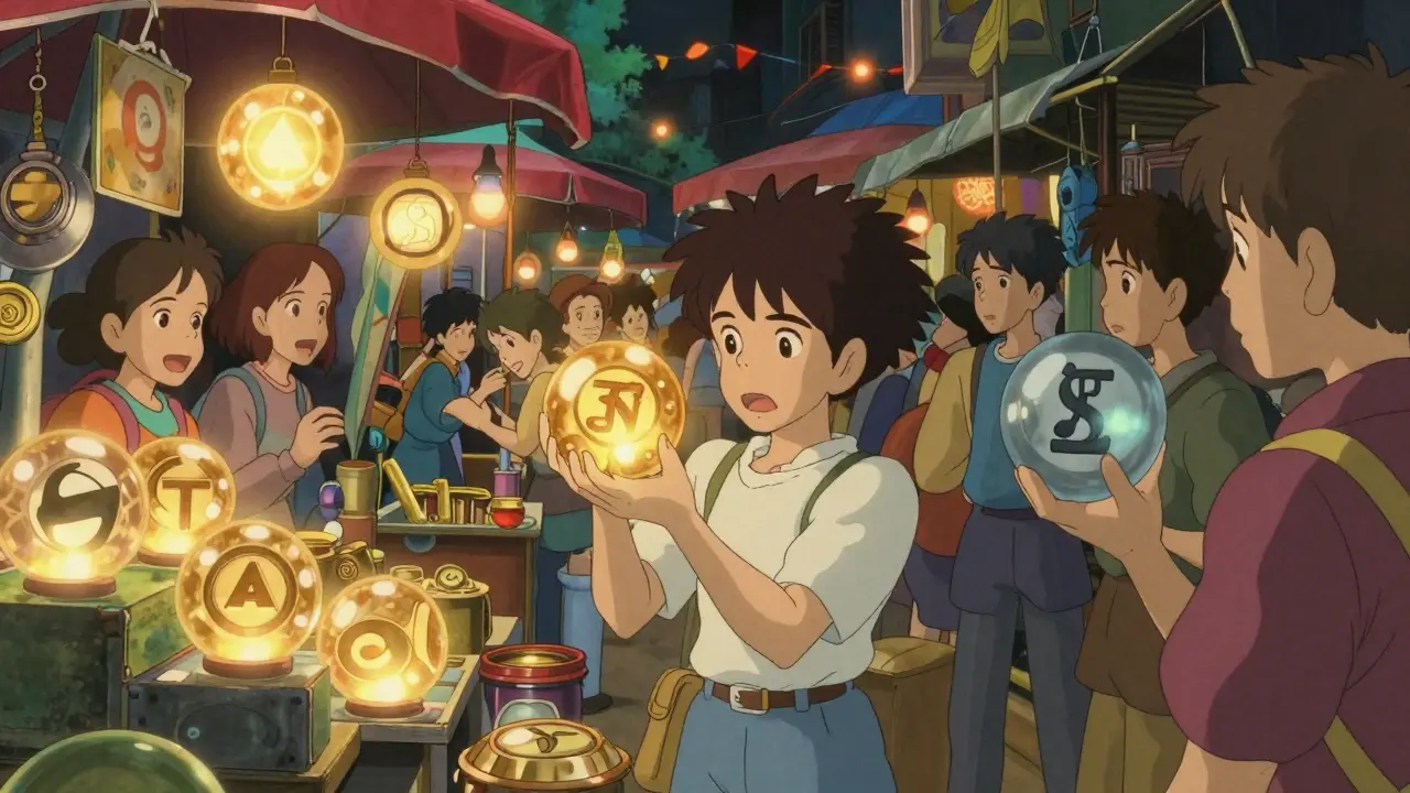 A confused person holds a token in a busy market filled with similar-looking fake coins.