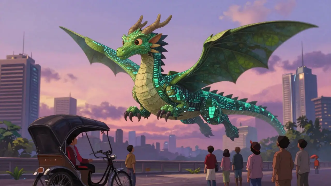 A dragon made of blockchain code hovers over a city, symbolizing future regulation in Ghibli style.