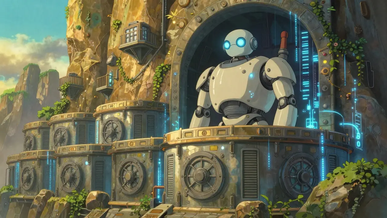 A robotic guardian protecting secure vaults, symbolizing strong AI security features