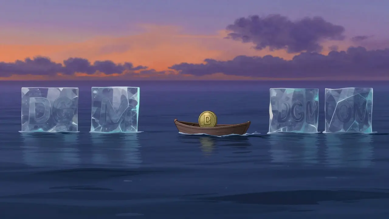 A small boat struggles in a vast, calm ocean, representing low liquidity and high trading risks.