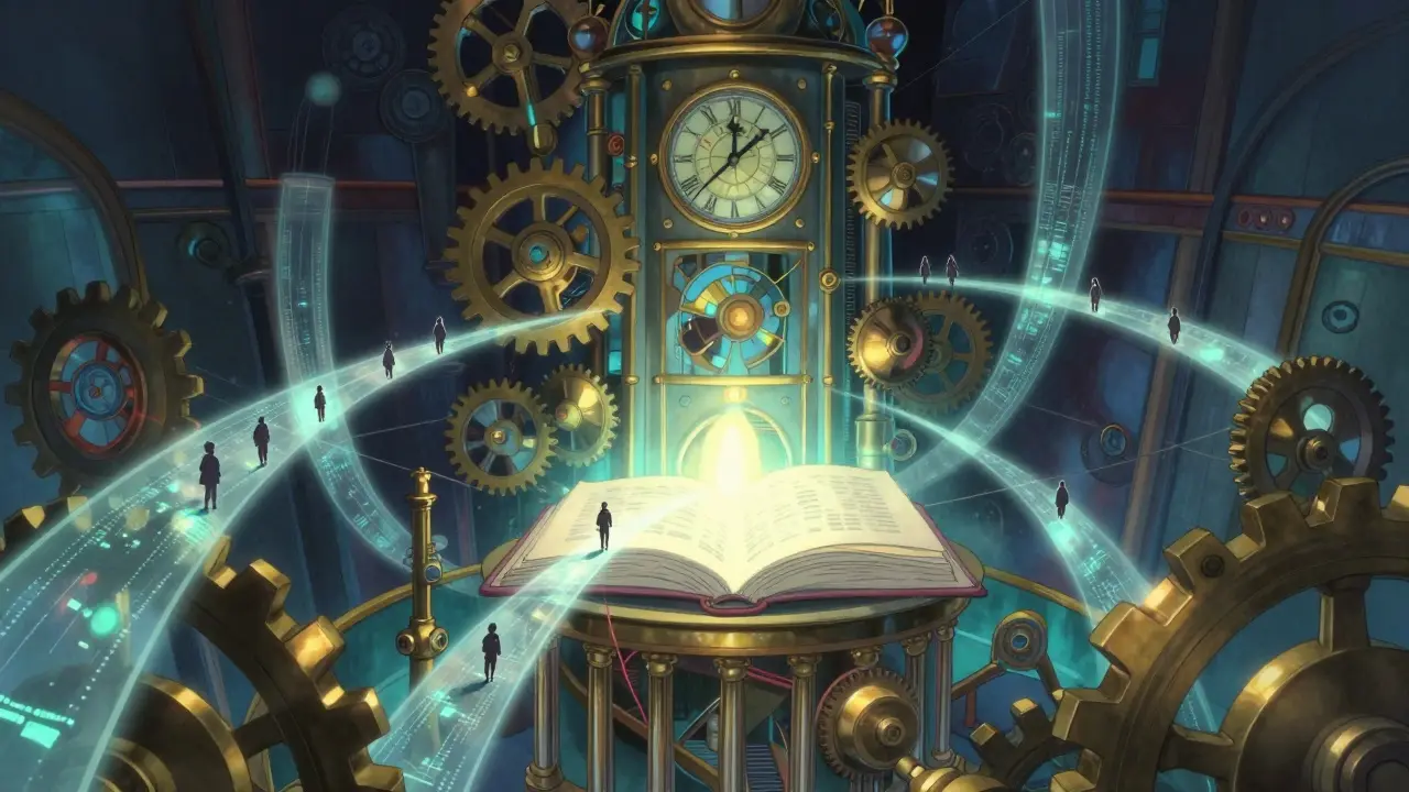 A whimsical clockwork central bank tracks tiny citizen figures with light beams.