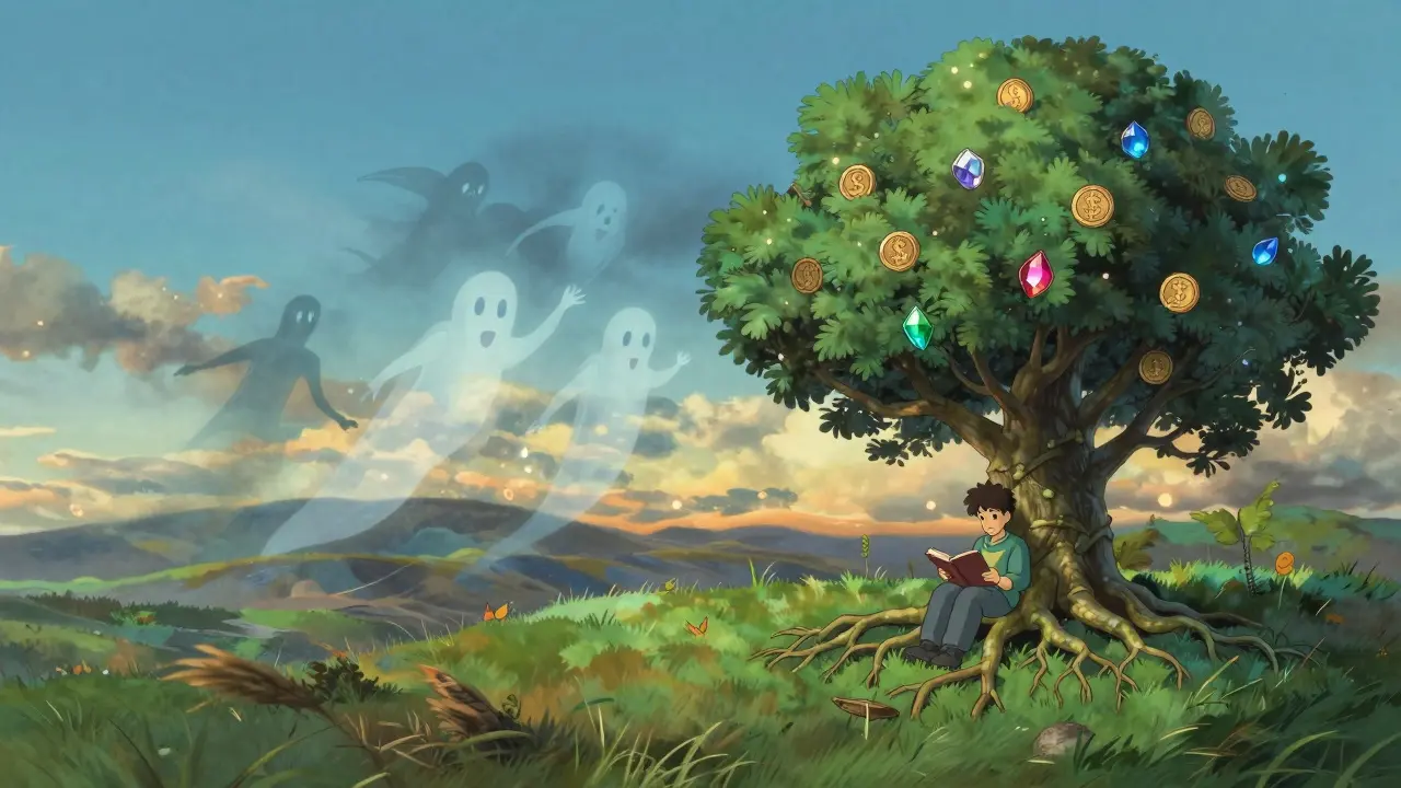 A wise figure under a growing tree symbolizing sustainable gameFi value over scams